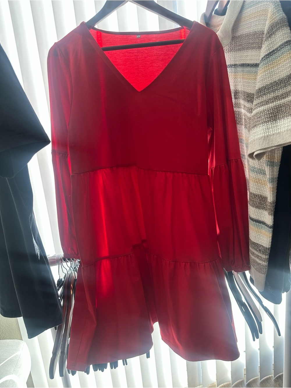 Red V-Neck Tiered Long-Sleeve Dress